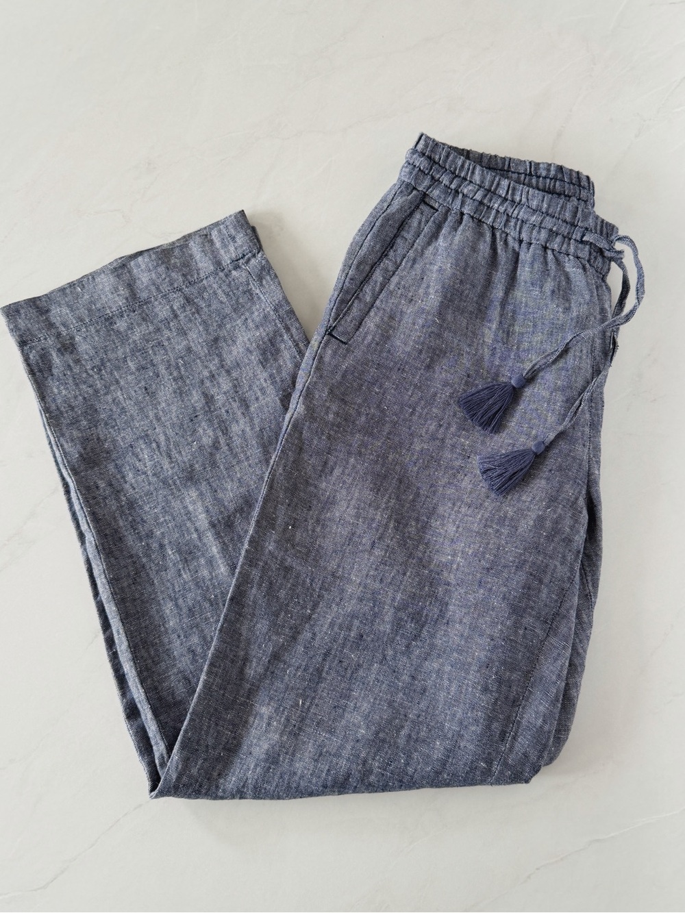 Talbots 100% Linen Wide Leg Pants 4P Navy Blue Drawstring Elastic Waist Petite
